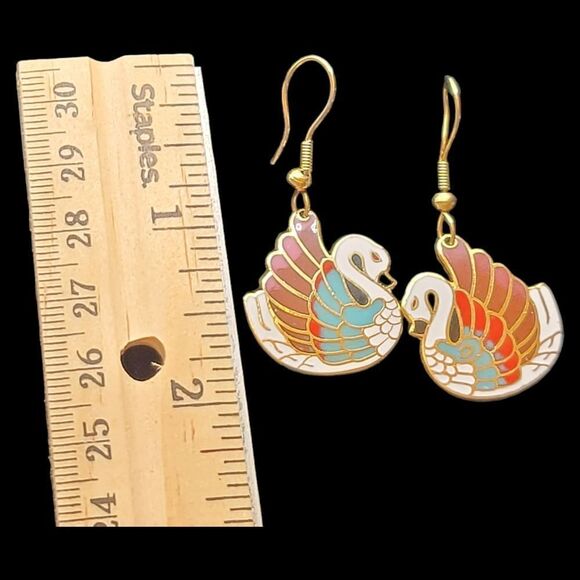 Vintage Cloisonne Earrings White MultiColor Enamel Swans Gold-Tone 2" - Picture 5 of 5